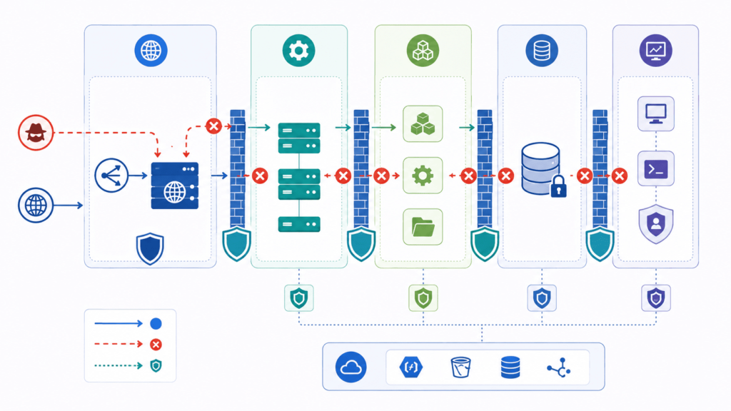 Layered diagram of OWASP SSRF prevention measures with firewalls securing compute, storage, and monitoring system