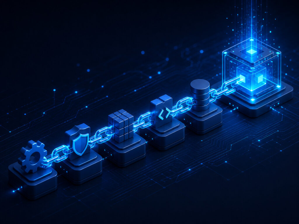 Conceptual illustration showing the linkage of software gadgets into a malicious chain.