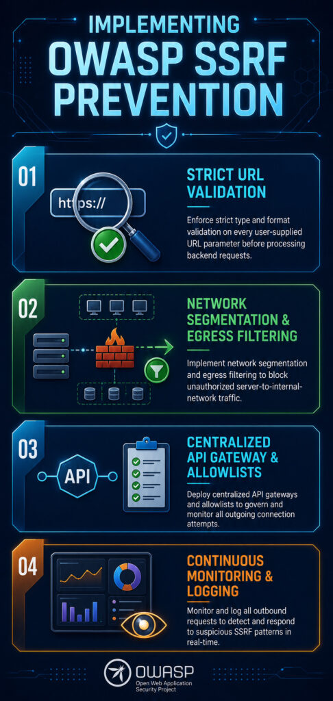 Vertical infographic titled "Implementing OWASP SSRF Prevention" showing four implementation steps: strict URL validation, network segmentation with egress filtering, API gateway deployment with allowlists, and continuous monitoring.