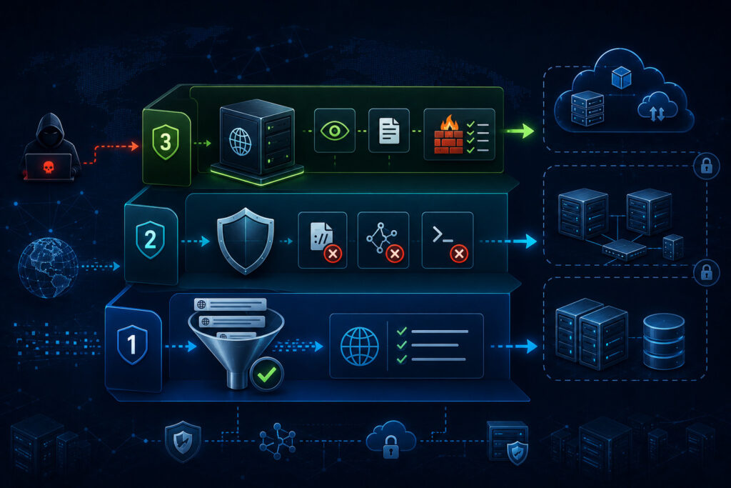 Modern illustration showing three layers of SSRF defense: input validation schema, outbound proxy controls with egress filtering, and centralized allowlist governance.