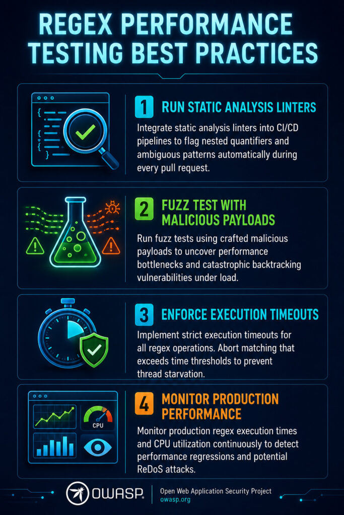 Vertical infographic titled "Regex Performance Testing Best Practices" showing four key practices: run static analysis, fuzz test payloads, enforce execution timeouts, and monitor production performance.