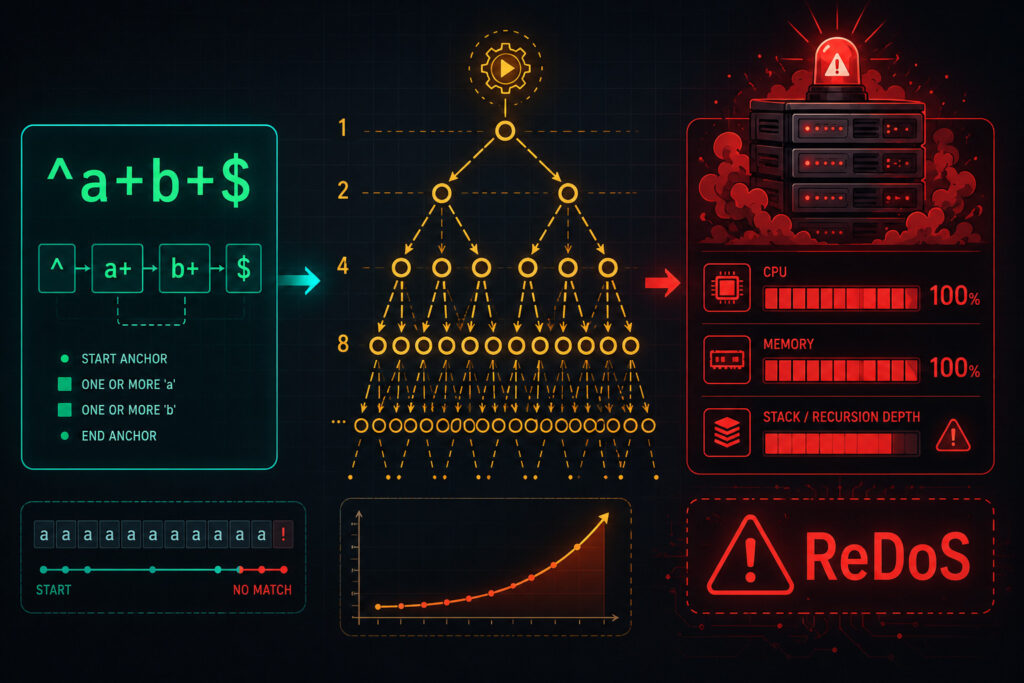 Visual diagram showing how catastrophic backtracking occurs in regex with an exponential explosion of matching paths, leading to server resource exhaustion.