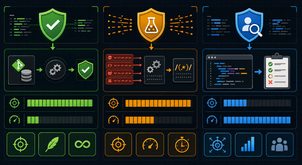Visual comparison diagram showing three regex testing methods: Static Analysis Linters, Fuzz Testing, and Manual Code Review, with effectiveness and overhead indicators.