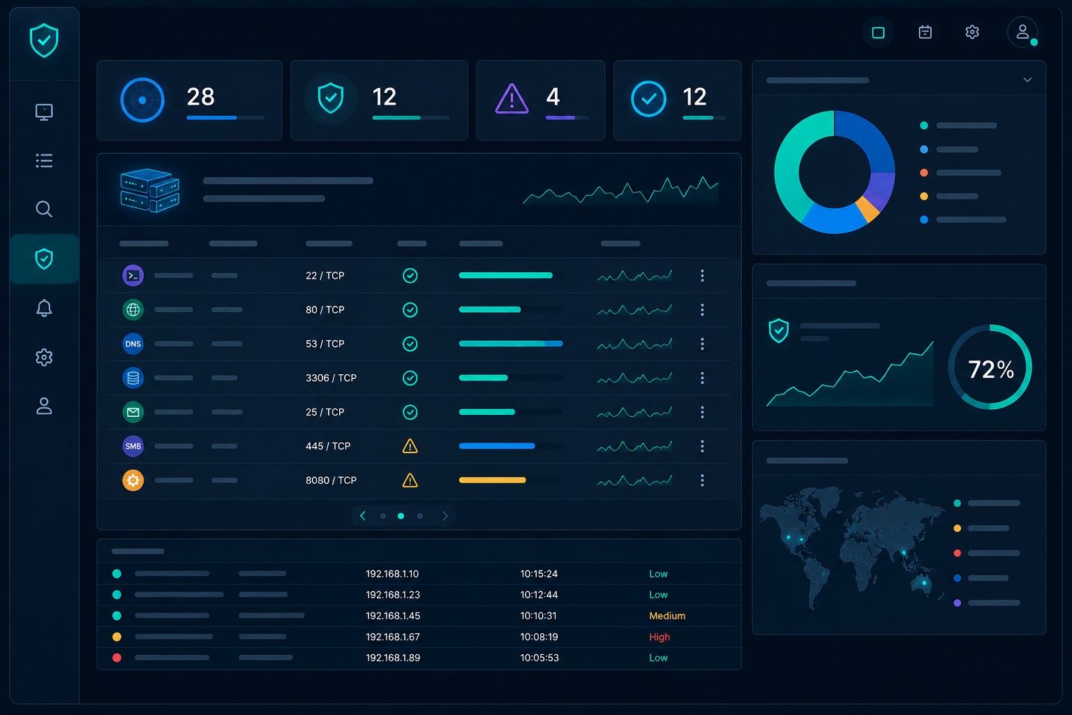 Dashboard interface showing a security audit of active server services.