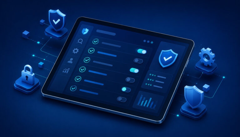 Importance security hardening checklist displayed on a digital tablet.