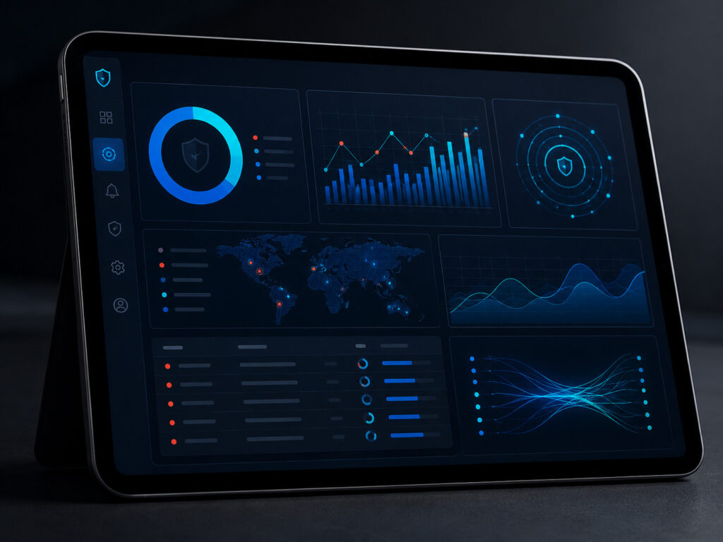 Cybersecurity monitoring dashboard displaying vulnerability metrics and system health.