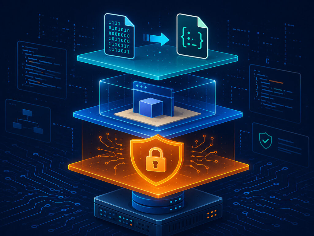 A modern illustration of a secure server architecture showing multiple layers of defense around serialized data, including a shield, code blocks, and a sandbox.