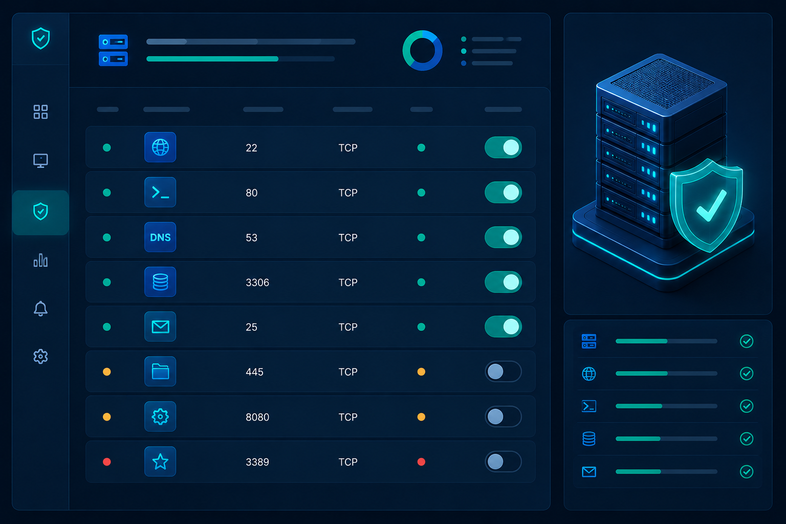 Interface showing the management of server ports and services.