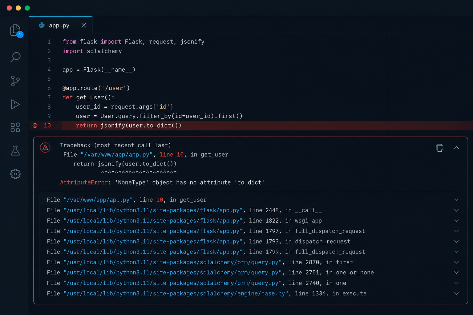 Code snippet example illustrating how a verbose stack trace exposes internal file paths and library versions.