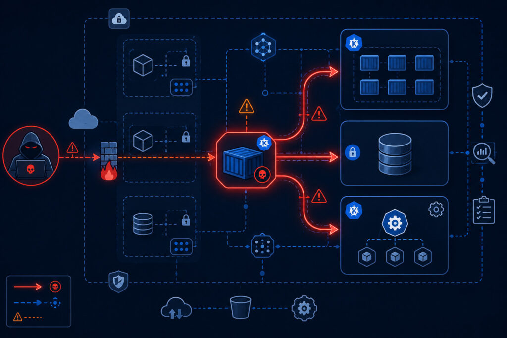 Visual diagram showing how an SSRF vulnerability enables lateral movement from a compromised application server to container clusters, internal databases, and orchestration control planes in cloud-native architectures.