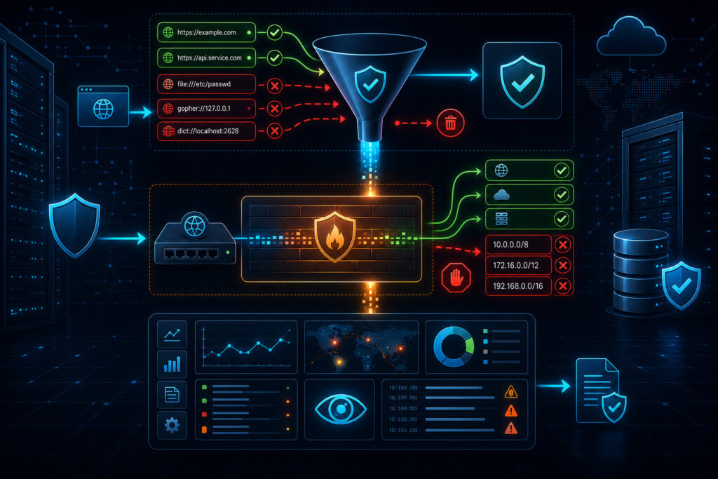 Modern illustration showing three proactive mitigation strategies against SSRF: validation schemas, egress filtering rules, and monitoring asynchronous connections.