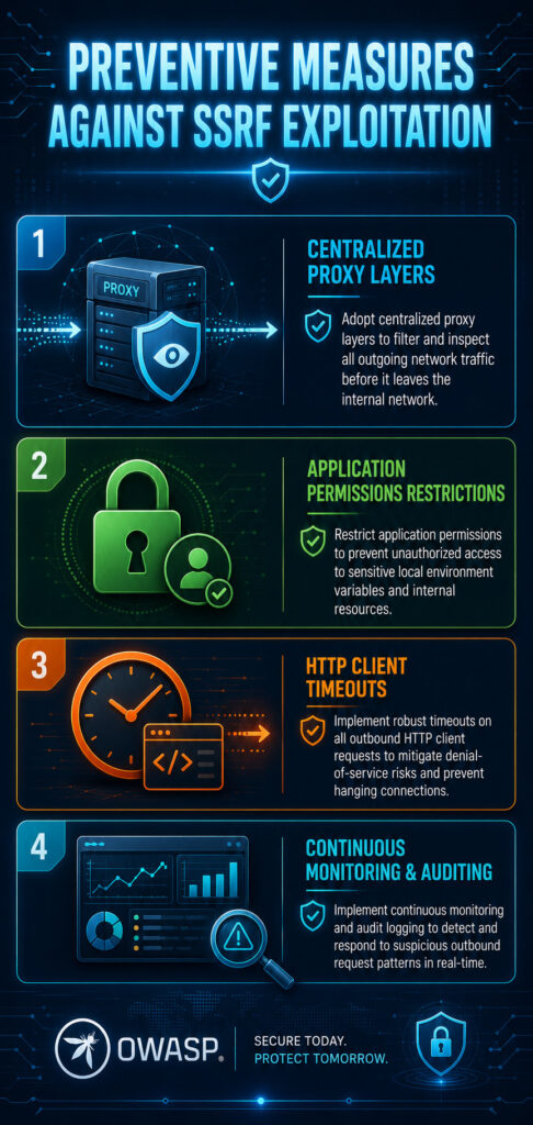 Vertical infographic titled "Preventive Measures Against SSRF Exploitation" showing four key measures: centralized proxy layers, application permissions restrictions, HTTP client timeouts, and continuous monitoring.