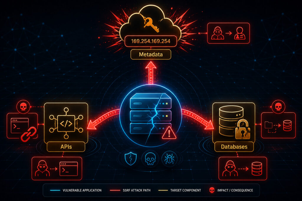 Visual diagram showing three critical infrastructure components threatened by SSRF: Cloud Metadata Services, Internal APIs, and Databases, with their exploitation consequences.