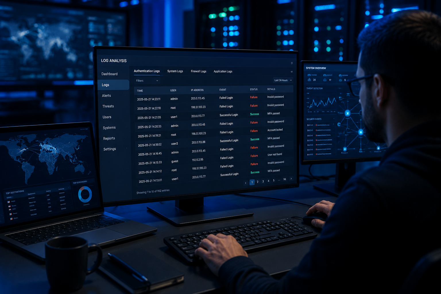 Cybersecurity analyst reviewing server authentication logs to detect unauthorized access attempts.