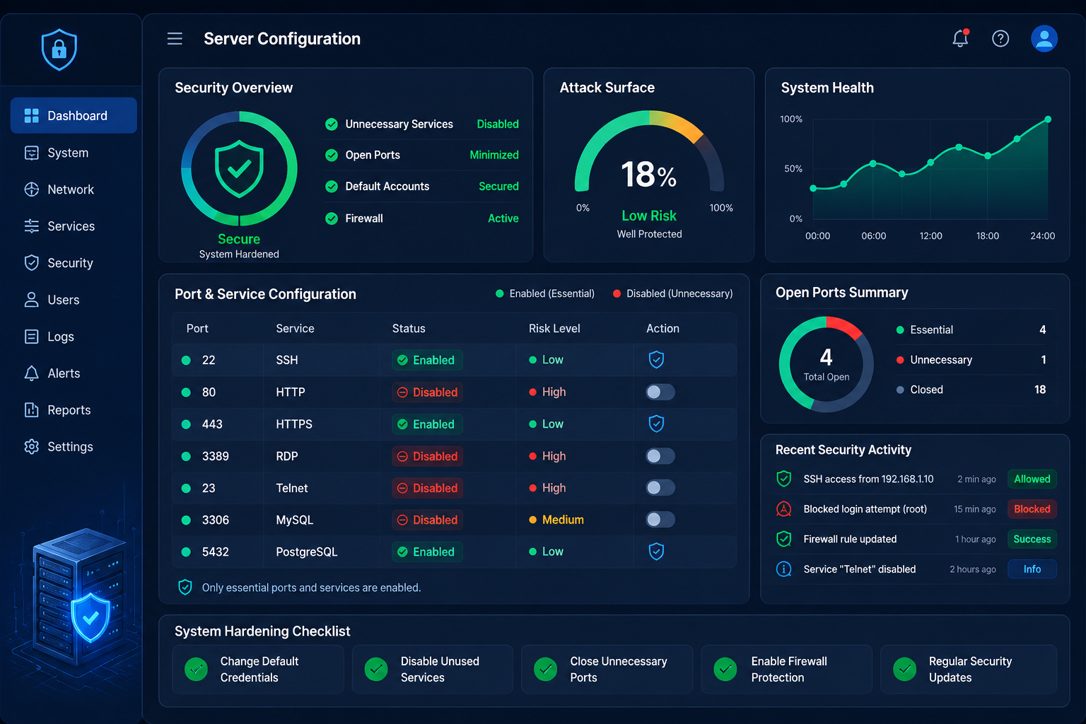 Dashboard interface showing disabled network ports and services for system hardening.