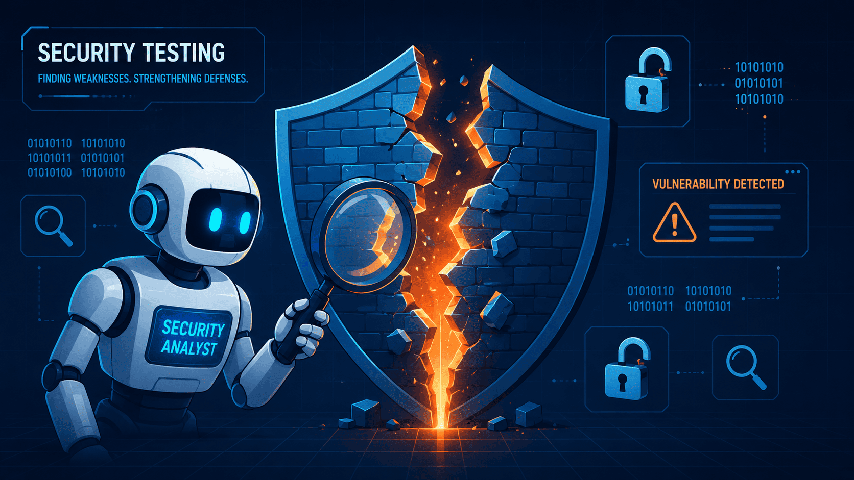 Security analyst robot used for testing broken access control flaws by scanning a cracked defensive shield with vulnerability detected alert.