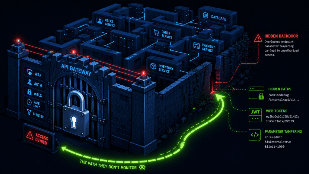Dark isometric scene depicting testing broken access control flaws via hidden paths, parameter tampering, and JWT bypass around an API gateway.