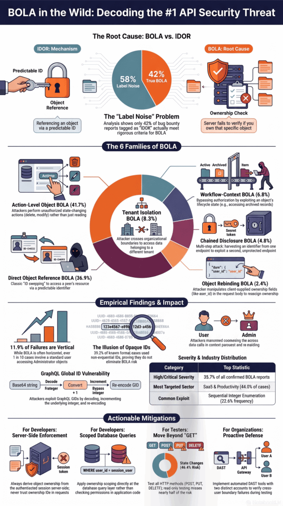 Infographic on testing broken access control flaws through BOLA families, empirical findings, and actionable server-side enforcement mitigations.