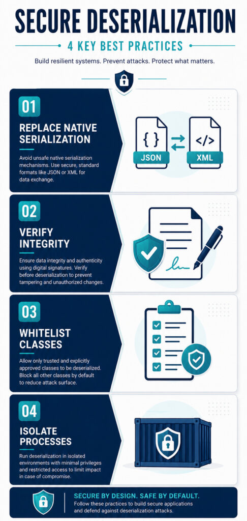 Infographic showing 4 key steps to remediate deserialization: replace serialization, verify integrity, whitelist classes, and isolate processes.