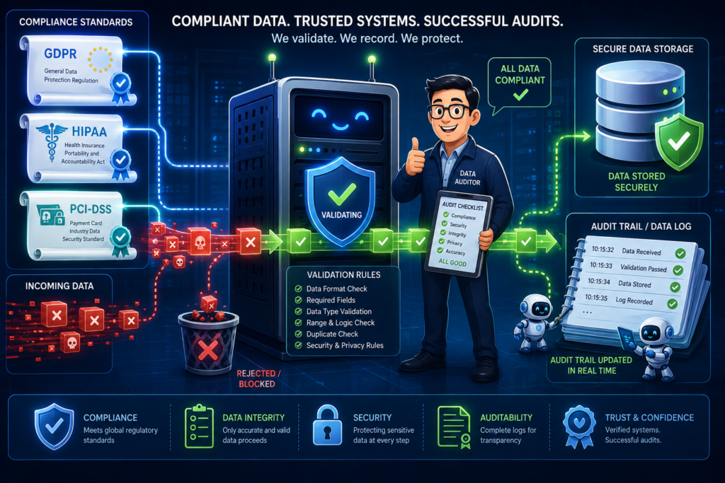 Data auditor and server graphic demonstrate benefits robust server side validation for compliant, secure systems.