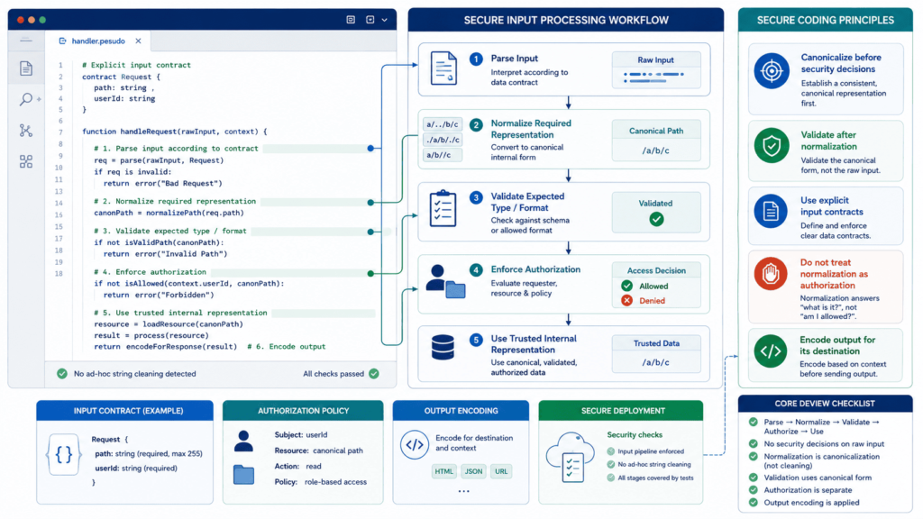 Code and workflow guide on normalizing user input securely best practices for developers.