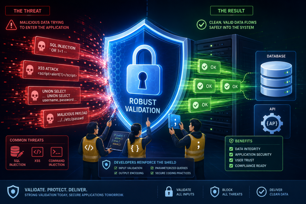 Shield blocking cyberattacks shows benefits robust server side validation against SQL injection and XSS threats.