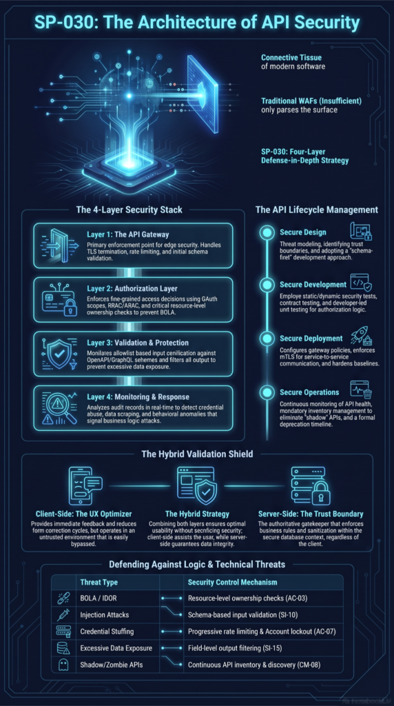 API security architecture diagram outlines benefits robust server side validation across a four layer defense stack.
