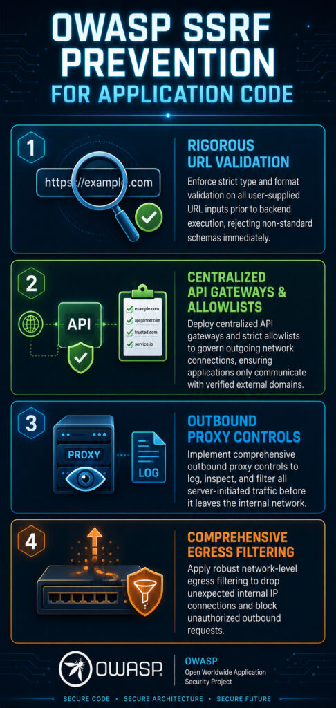 Vertical infographic titled "OWASP SSRF Prevention for Application Code" showing four key prevention measures: rigorous URL validation, centralized API gateways, outbound proxy controls, and comprehensive egress filtering.