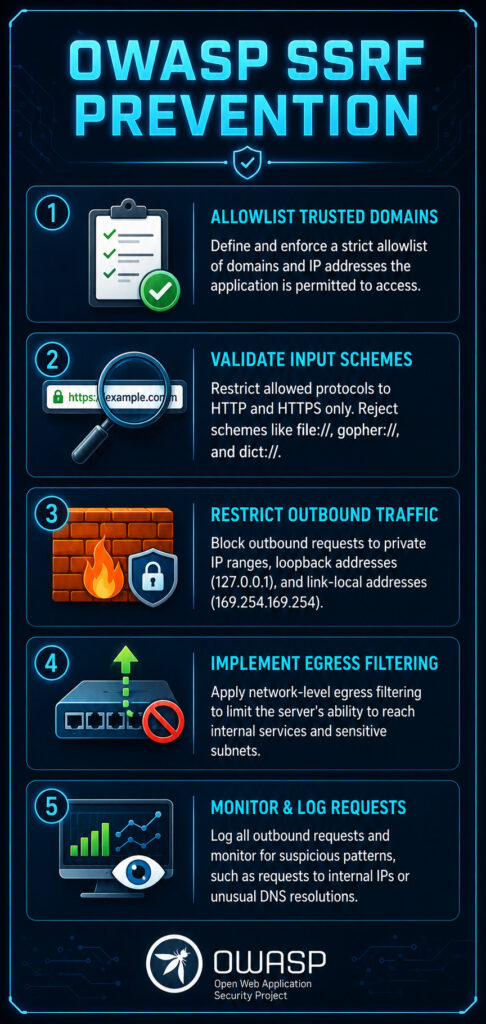 Vertical infographic titled "OWASP SSRF Prevention" listing five key mitigation steps: allowlist trusted domains, validate input schemes, restrict outbound traffic, implement egress filtering, and monitor and log requests.