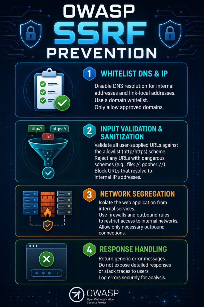 Vertical infographic titled "OWASP SSRF Prevention" listing four key mitigation steps: DNS/IP whitelisting, input validation, network segregation, and response handling.