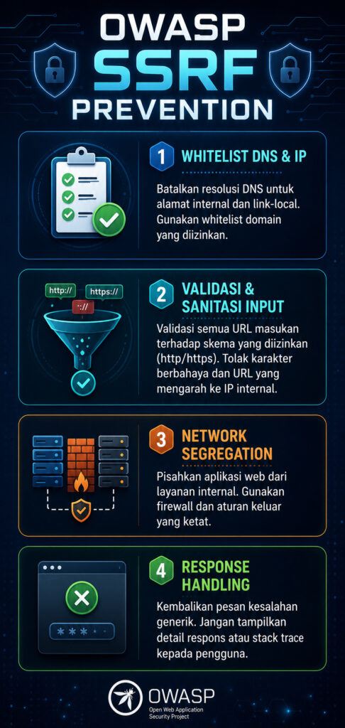 Vertical infographic titled "OWASP SSRF Prevention" listing four key mitigation steps: DNS/IP whitelisting, input validation, network segregation, and response handling.