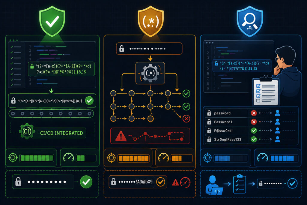 Visual comparison diagram showing three password regex validation methods: Static Analysis Linters, Pattern Matching Engines, and Manual Code Review with effectiveness and overhead indicators.