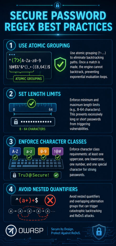 Vertical infographic titled "Secure Password Regex Best Practices" showing four key practices: use atomic grouping, set length limits, enforce character classes, and avoid nested quantifiers.