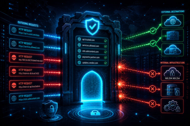 Cybersecurity diagram illustrating SSRF mitigation techniques allowlist filtering safe outgoing HTTP requests while blocking malicious internal requests.