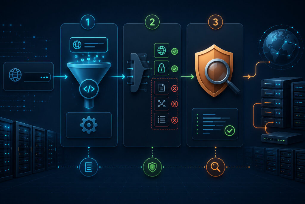 Modern illustration showing three application-level defense layers for SSRF prevention: centralized URL parsing, schema enforcement, and request validation before execution.
