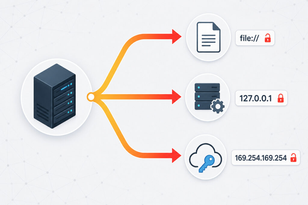 Visual diagram showing three SSRF attack vectors: protocol smuggling with file:// scheme, internal network probing to 127.0.0.1, and cloud metadata exfiltration to 169.254.169.254.
