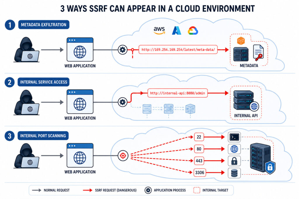 Diagram illustrating three common SSRF manifestation scenarios in cloud environments: AWS metadata access, internal service requests, and internal port scanning.