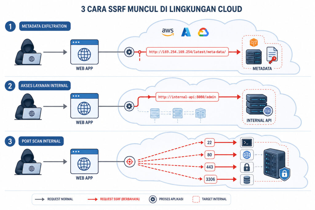 Diagram illustrating three common SSRF manifestation scenarios in cloud environments: AWS metadata access, internal service requests, and internal port scanning.