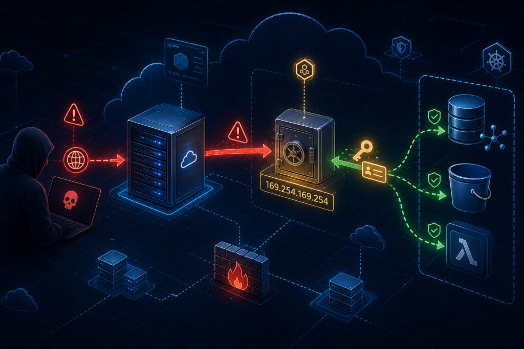 Illustration showing an attacker exploiting SSRF to query the Instance Metadata Service (IMDS) at 169.254.169.254 and stealing cloud credentials for lateral movement.