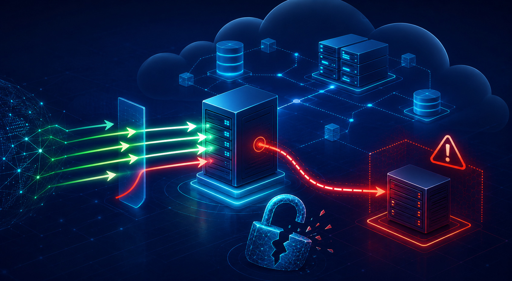 Abstract digital illustration of a cloud server environment with a malicious redirect arrow pointing to an internal metadata service, symbolizing a Server Side Request Forgery (SSRF) attack.