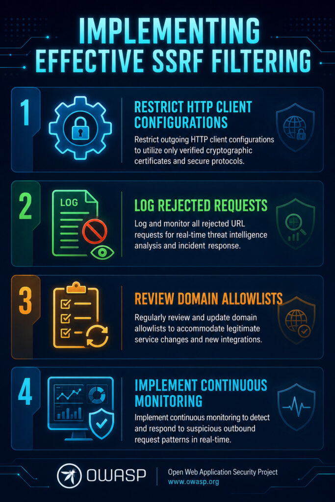 Vertical infographic titled "Implementing Effective SSRF Filtering" showing four key implementation steps: restrict HTTP client configurations, log rejected requests, review domain allowlists, and continuous monitoring.