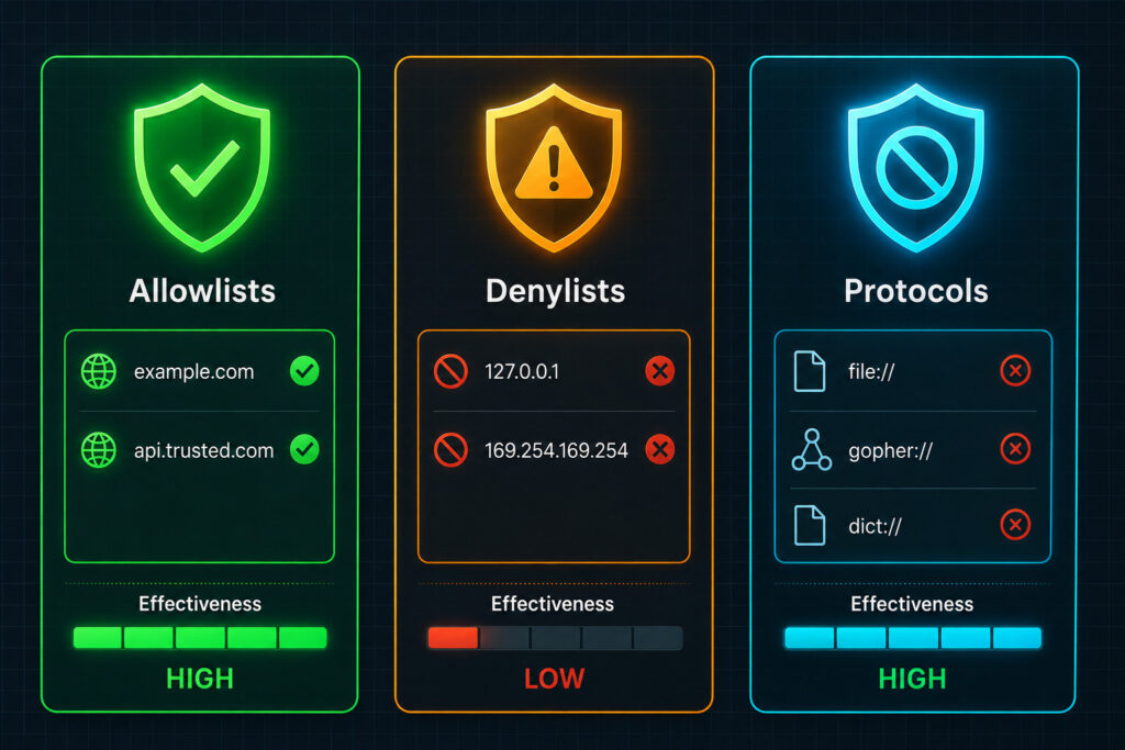 Visual comparison diagram showing three SSRF filtering methods: Domain Allowlists (high effectiveness with shield), IP Denylists (low effectiveness with warning), and Protocol Restrictions (high effectiveness with block symbols).
