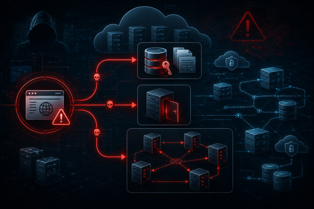 Visual chain of impacts from a successful SSRF exploit, including data exfiltration, persistence installation, and lateral movement across internal systems.