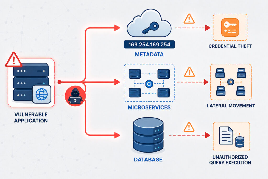 Visual diagram showing three primary SSRF targets - Instance Metadata, Internal Microservices, and Database Endpoints - with their corresponding attack vectors and security impacts.