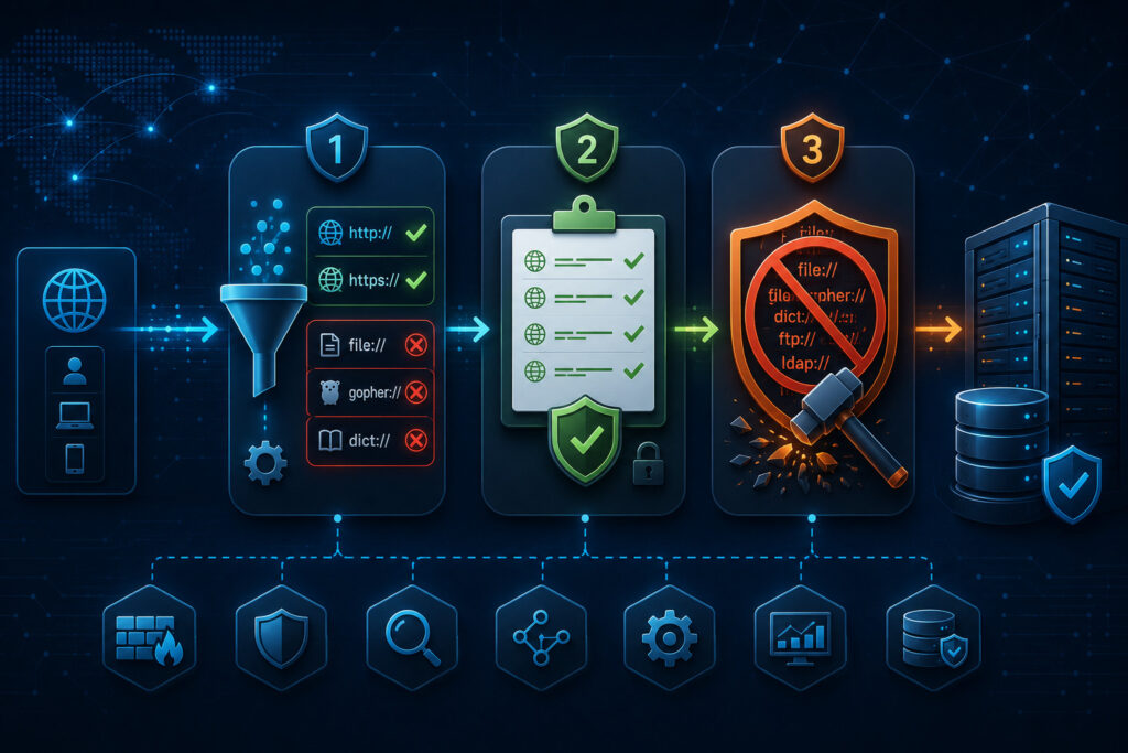 Modern illustration showing three core remediation strategies for SSRF: URL schema enforcement, centralized allowlists deployment, and disabling dangerous URI schemes.