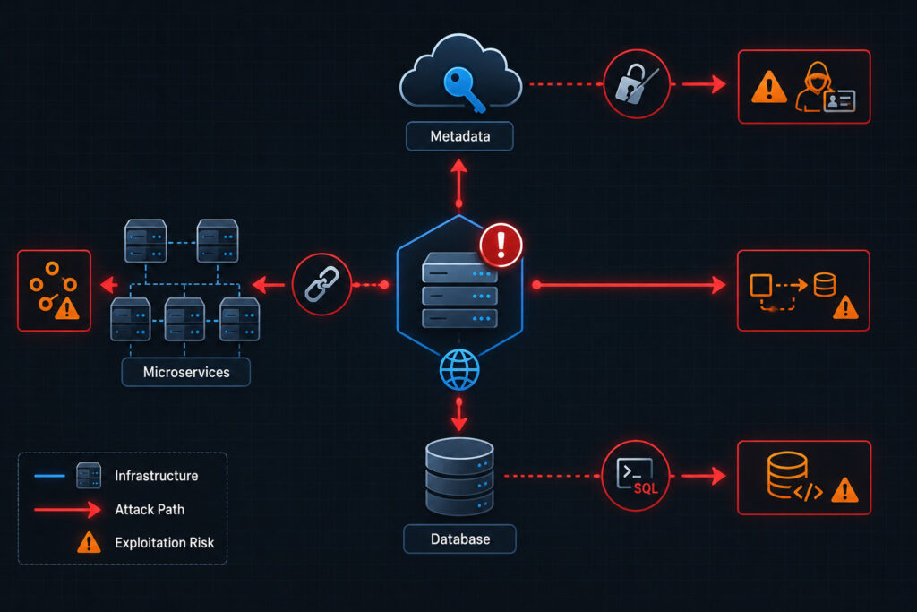 Visual diagram showing three primary SSRF targets with exploitation risks: Cloud Metadata Services, Internal Microservices, and Database Endpoints.