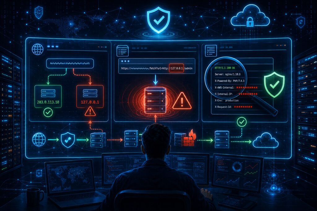 Dynamic cybersecurity illustration showing a security audit in progress with DNS rebinding detection, loopback injection testing, and HTTP header inspection visualized as a unified monitoring dashboard.