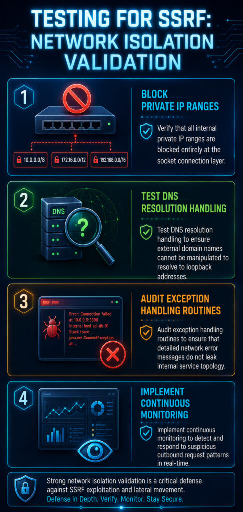 Vertical infographic titled "Testing for SSRF: Network Isolation Validation" showing four key validation steps: blocking private IP ranges, testing DNS resolution handling, auditing exception handling, and continuous monitoring.