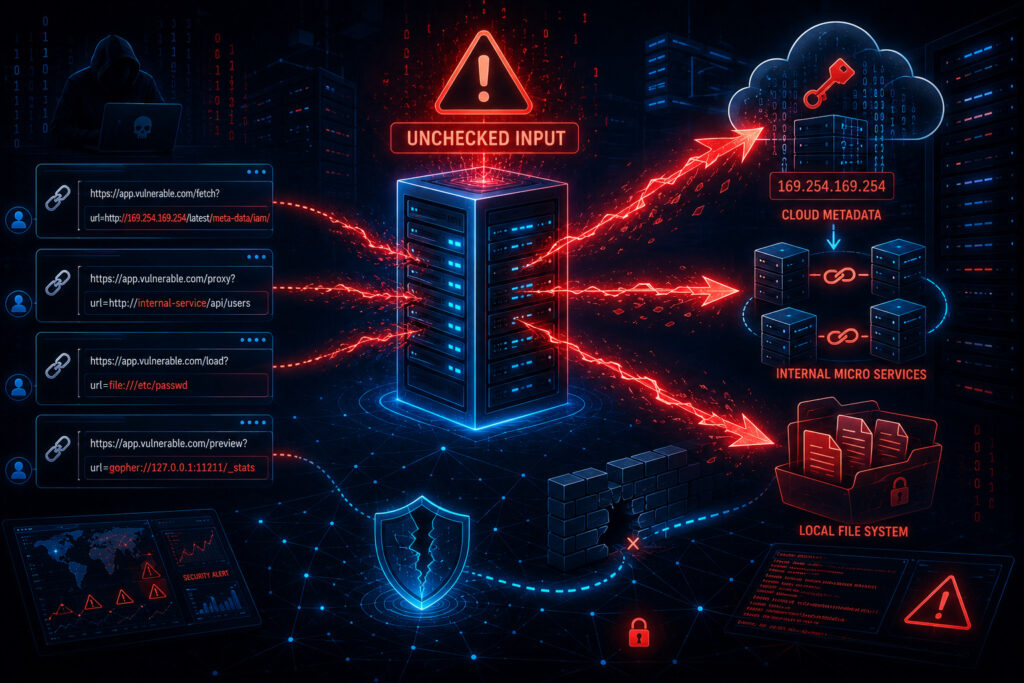 Dynamic illustration showing unchecked URL inputs triggering SSRF vulnerabilities with a server being used as a proxy to access cloud metadata, internal services, and local files.