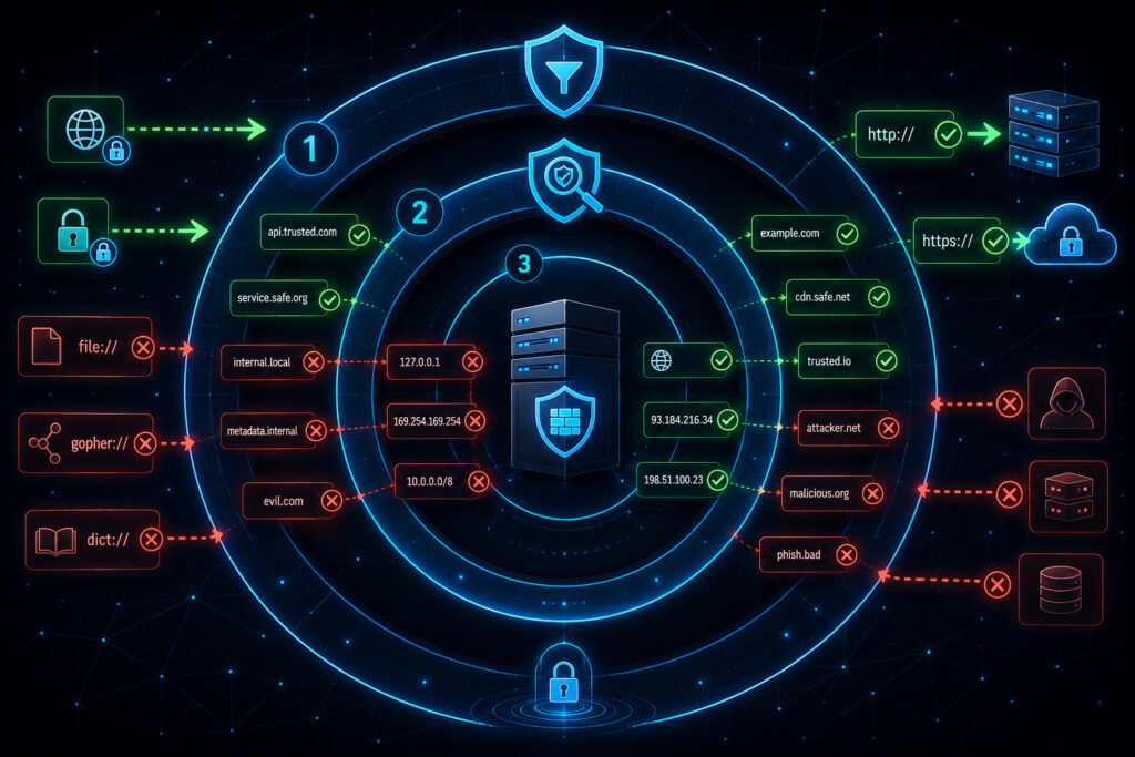 Visual diagram showing three URL processing flaw layers: Protocol Inspection, Hostname Verification, and IP Resolution Checks, with a vulnerable application server in the center.
